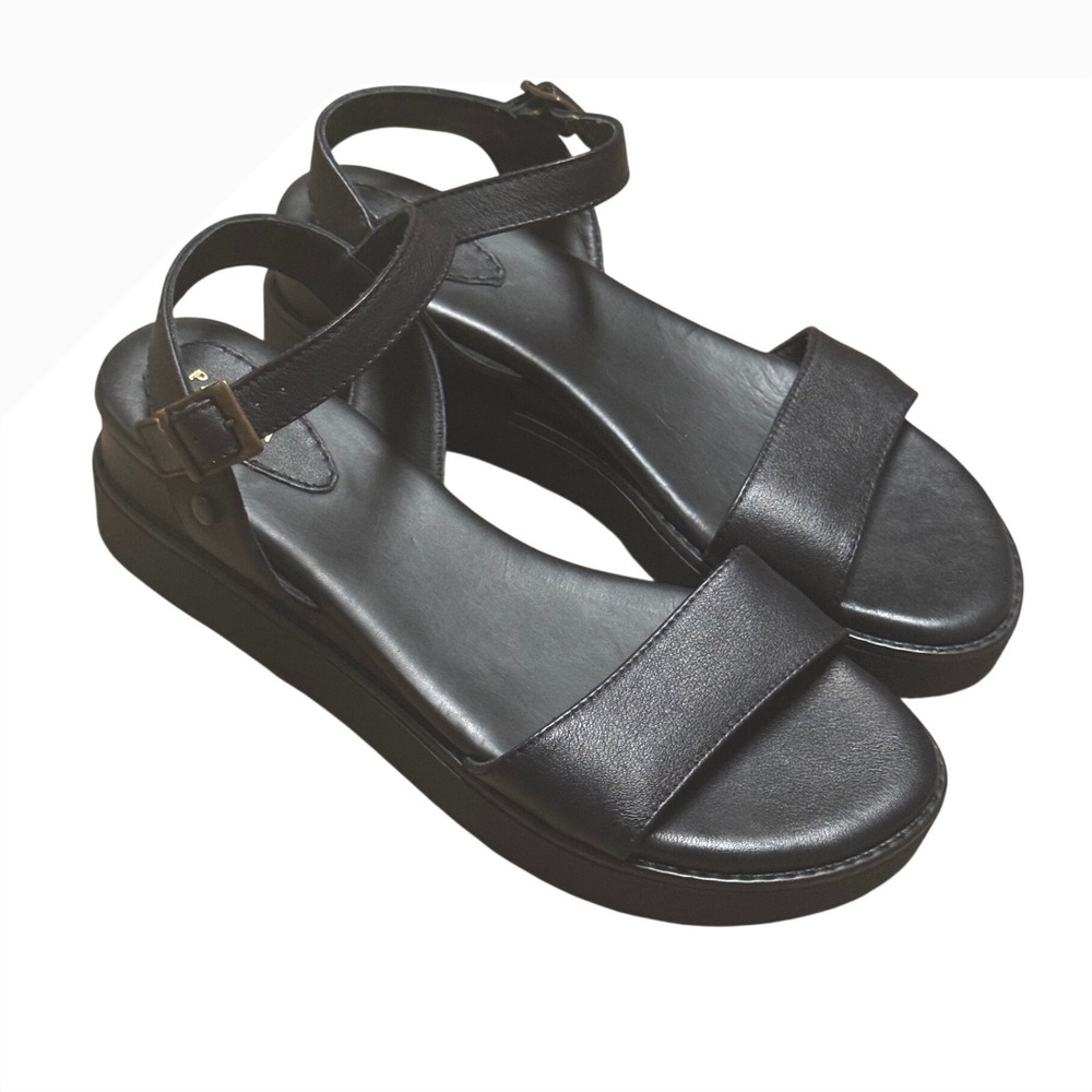 Patina Womens Black Leather Platform Wedge Sandals Ankle Strap Buckle Size 9